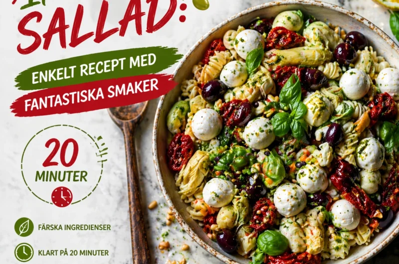 Italiensk sallad med pasta, mozzarella, soltorkade tomater, oliver och basilika serverad på marmorbord med pesto och citron