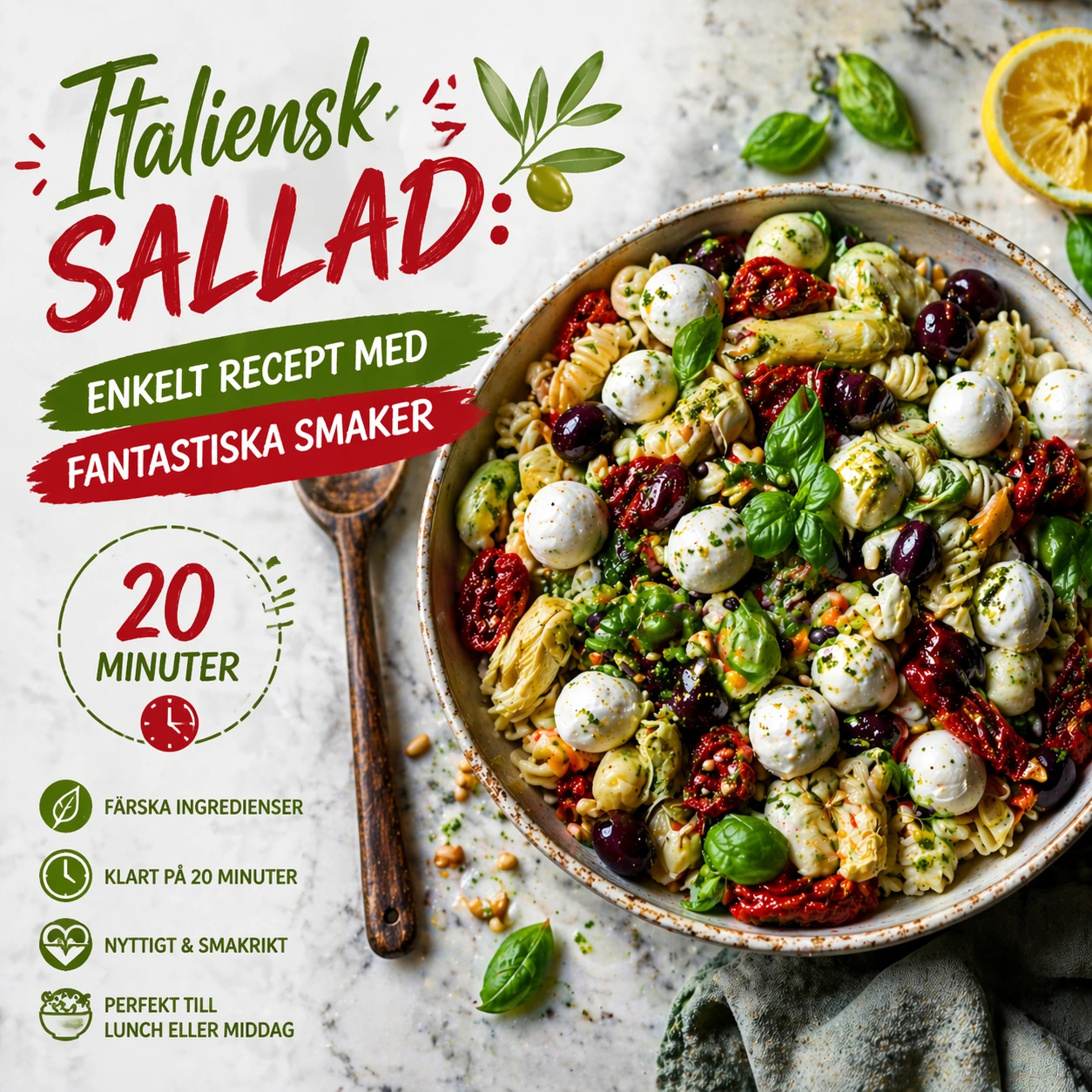 Italiensk sallad med pasta, mozzarella, soltorkade tomater, oliver och basilika serverad på marmorbord med pesto och citron