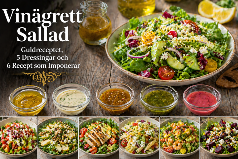 Vinägrett Sallad och olika dressingar serverade på bord vinägrett sallad