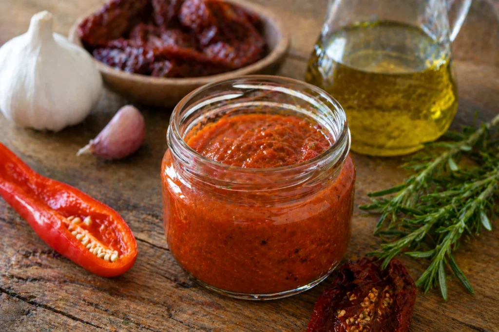 Vinägrett sallad med kryddig röd chilidressing och färska ingredienser